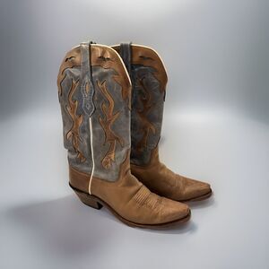 Ladies Old West Blue / Brown Leather Western Cowgirl Boots Size: Women’s 6.5